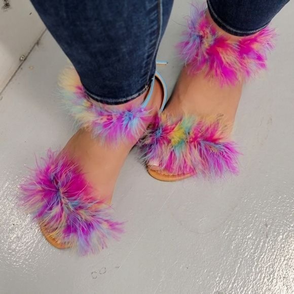Women's Multicolor Feathered Embellished Sandals Blue Color - Picture 4 of 4